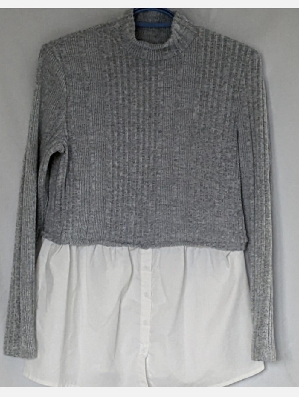 Gray Knit Sweater with White Shirttail Hem